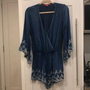 Embroidered Chambray Romper